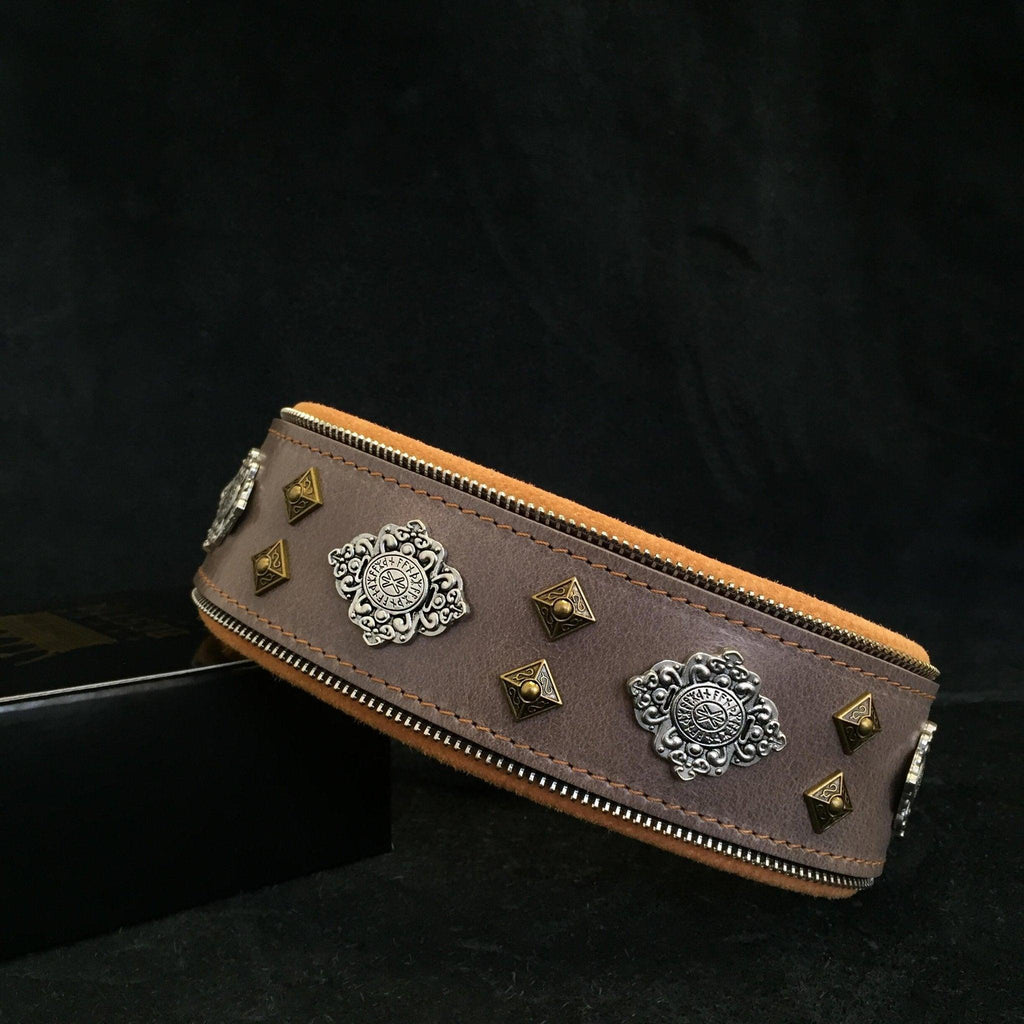 Collar Aztec gris de cuero para perros